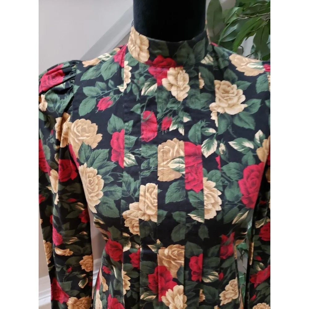 Womens Multicolor Floral Pleated Mock Neck Long Sleeve Knee Length Dress Small - Image 2