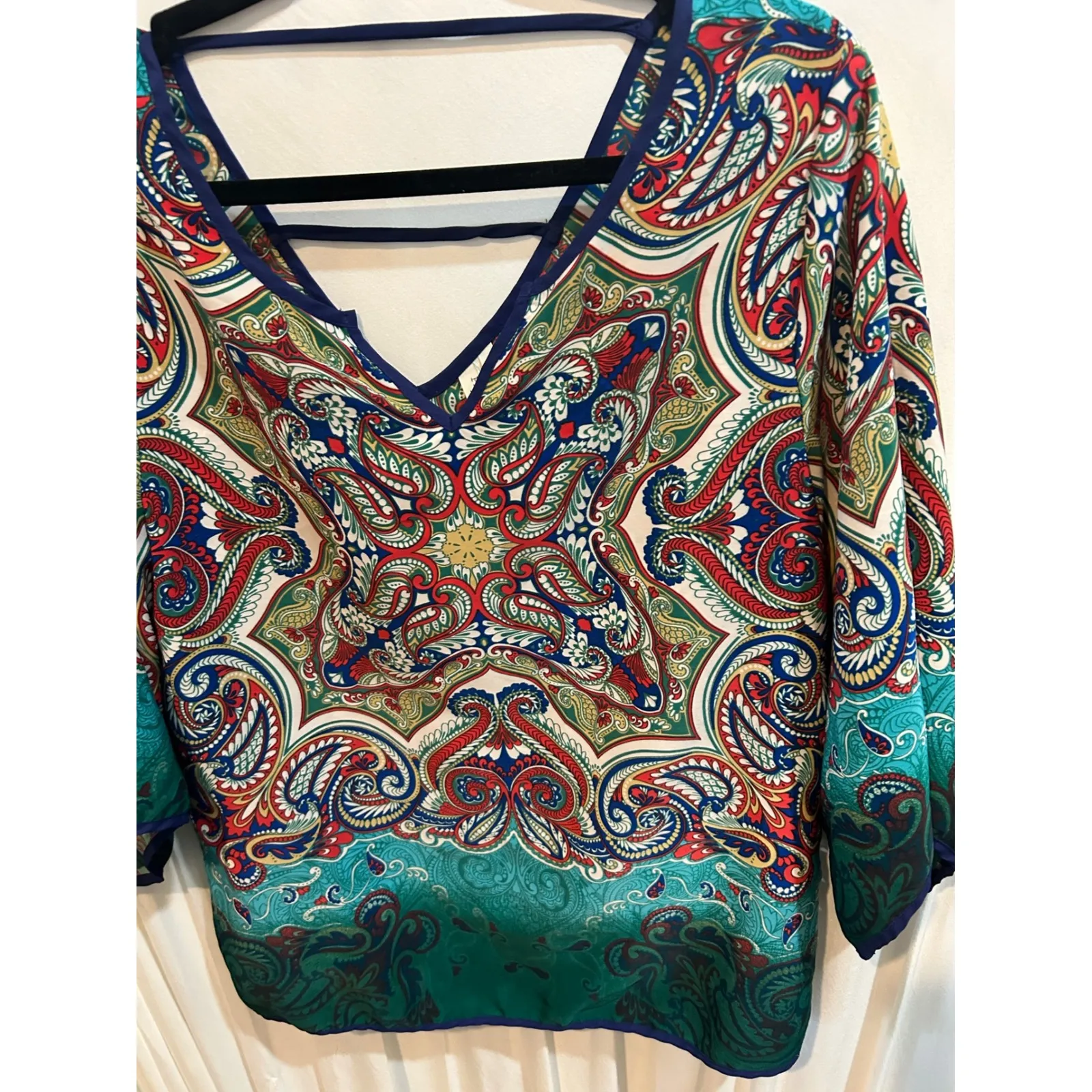 Pink Owl V-Neck 3/4 Sleeve Paisley‎ Print Top Colorful Bohemian Blouse - Image 2