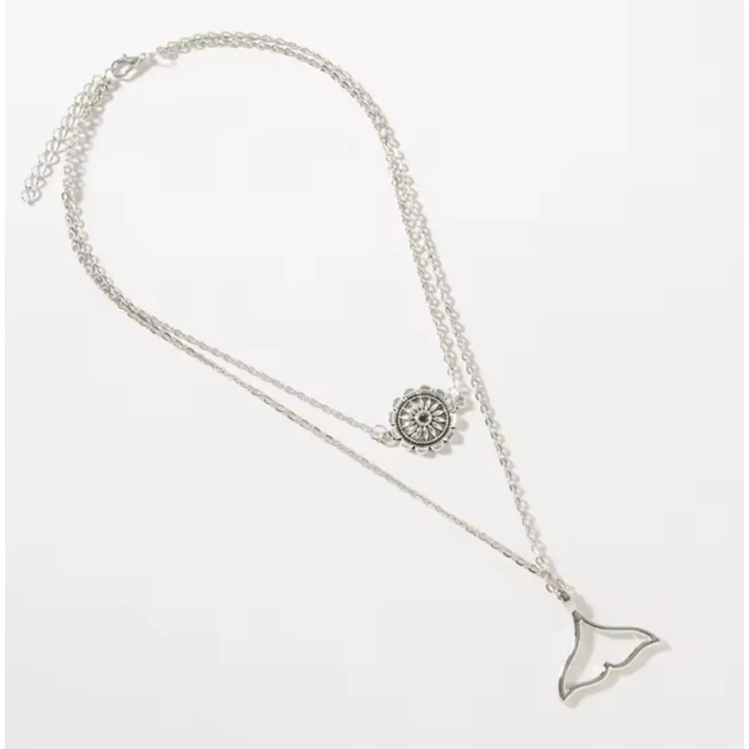 NEW Layered Necklace Plated Silver‎ Whale Tail Sunflower Pendant Chain Jewelry - Image 15