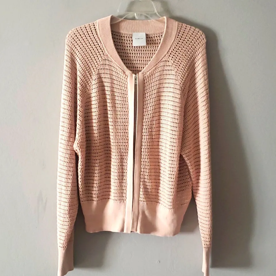 Varley Cameron Knit Zippered Cardigan Sweater Nude Taupe Open Knit Longsleeve - Image 2