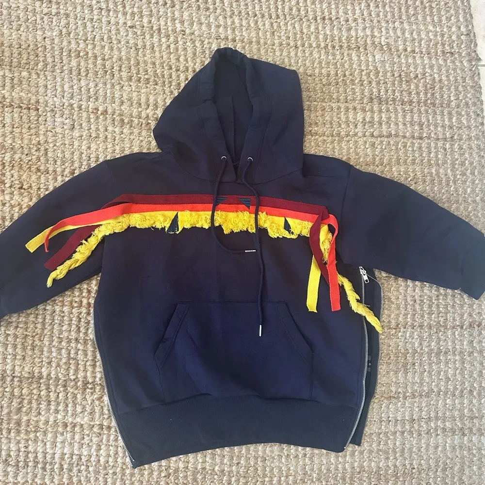 Hoodie Tassel Webbing Embroidery Stitching Side Slit Zipper Sweatshirt size m Blue Size M - Image 7