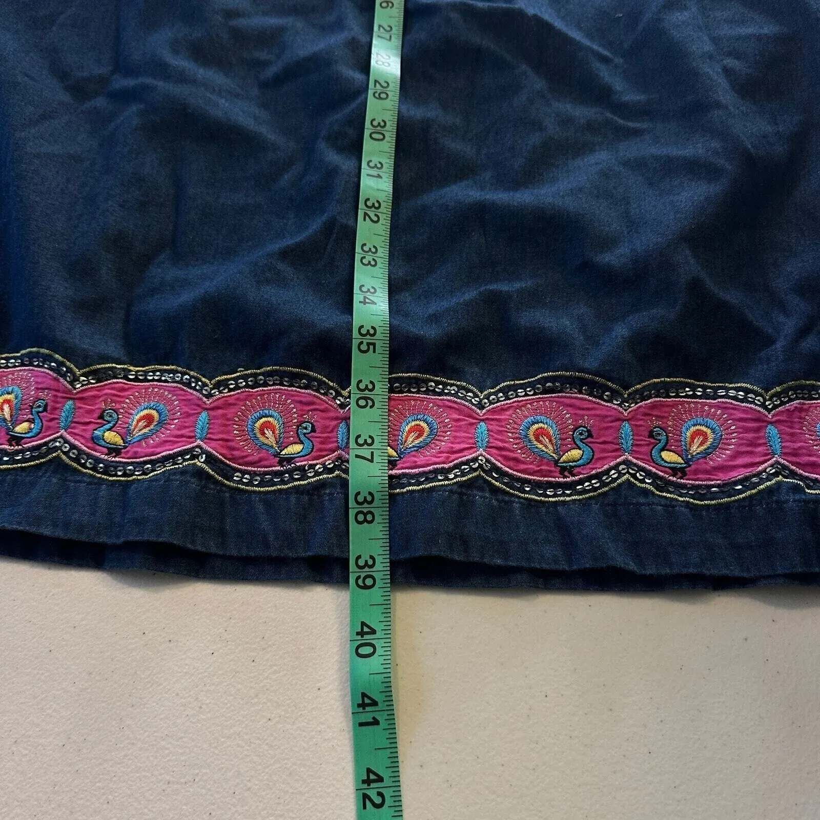 Go Softly Patio Embroidered Peacock Floral Denim Dress Size S Cotton Grandmacore Blue - Image 9
