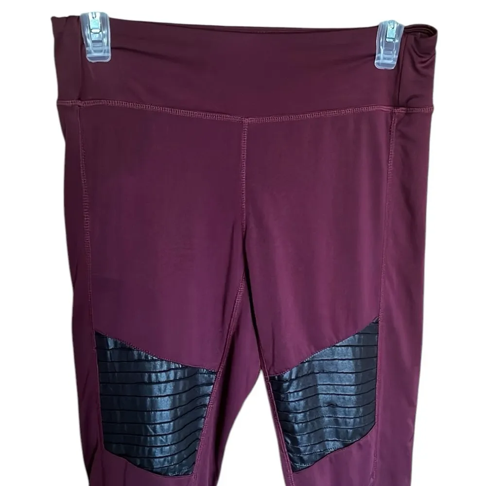 Hot Kiss 💋 Burgundy Leggings with Black Faux Leather Accents - Image 2