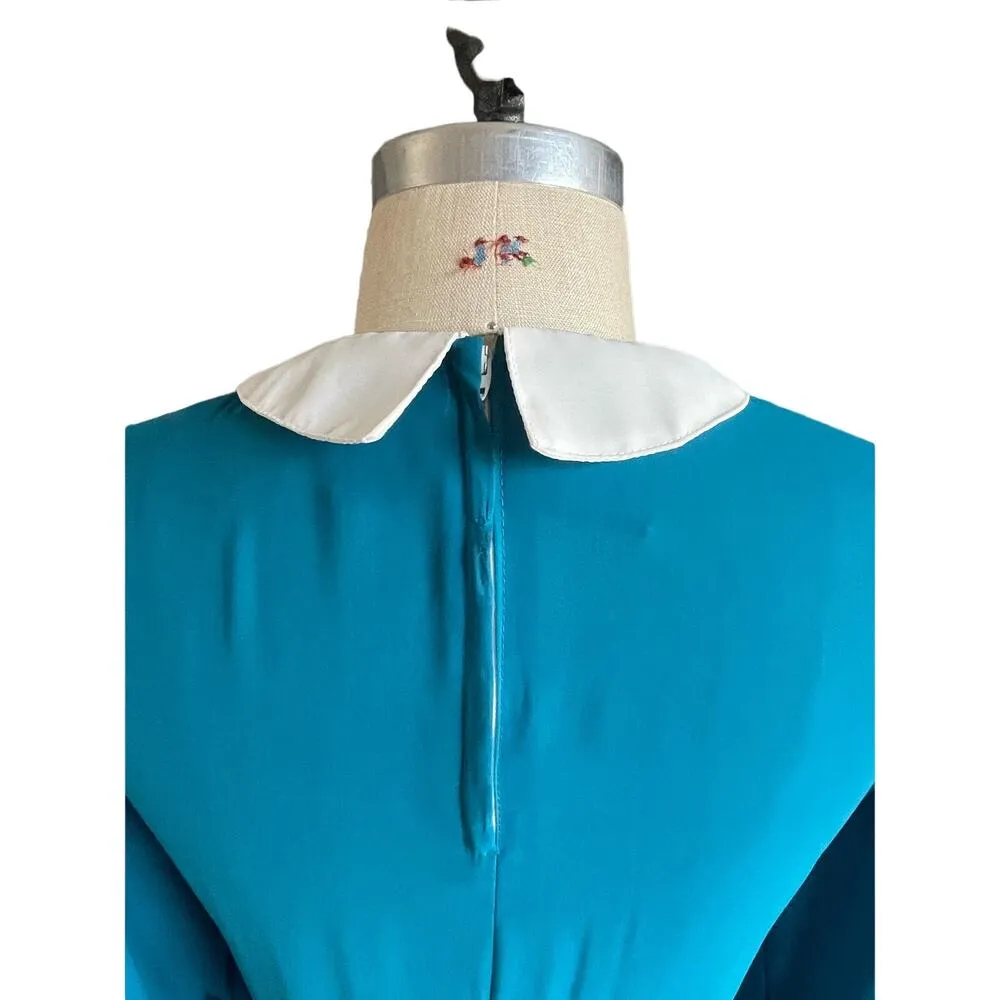 Vintage 70s 80s Turquoise Sheer Fit & Flare Knee Length Collared Dress Size 8 - Image 5