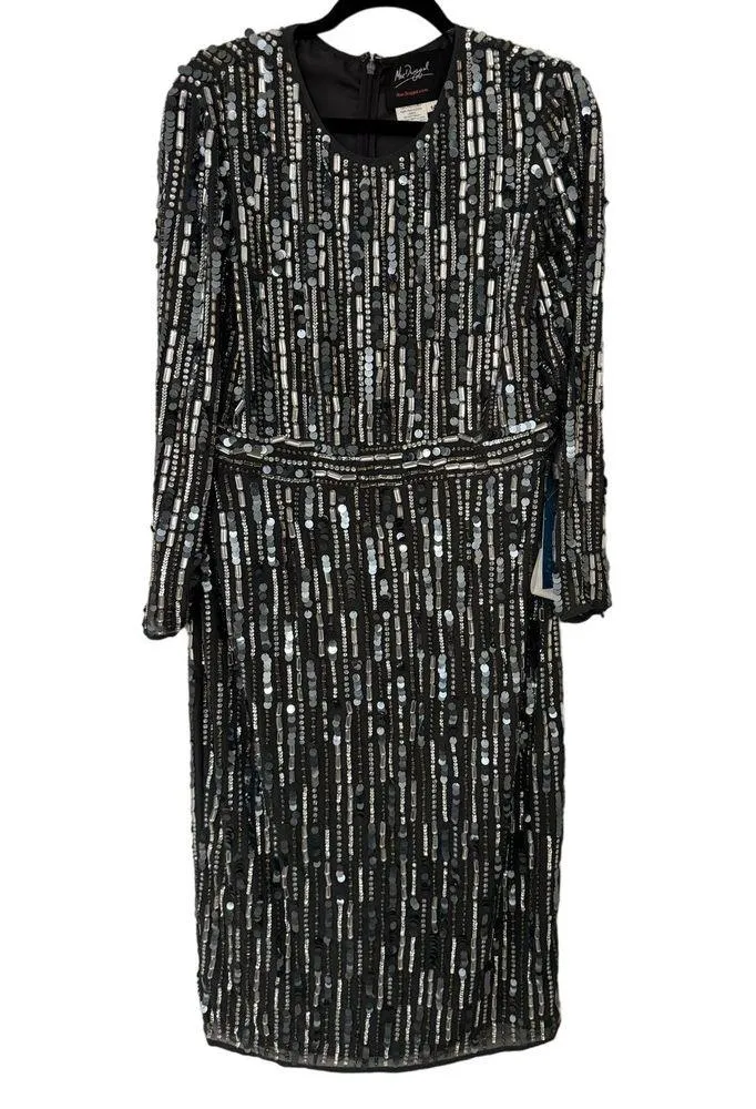 Mac Duggal Size 14 $598 NWT Embellished High Neck Long Sleeve Midi Dress Gray - Image 4