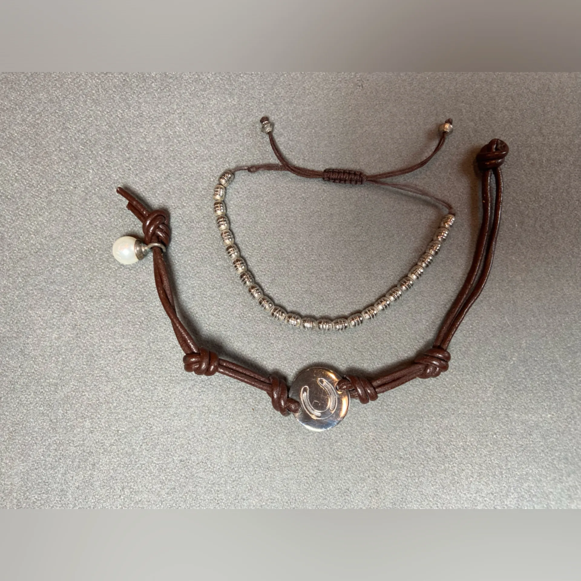 Silver Horseshoe stamp, Leather and Pearl Bracelet with 2nd accent bracelet - Image 7