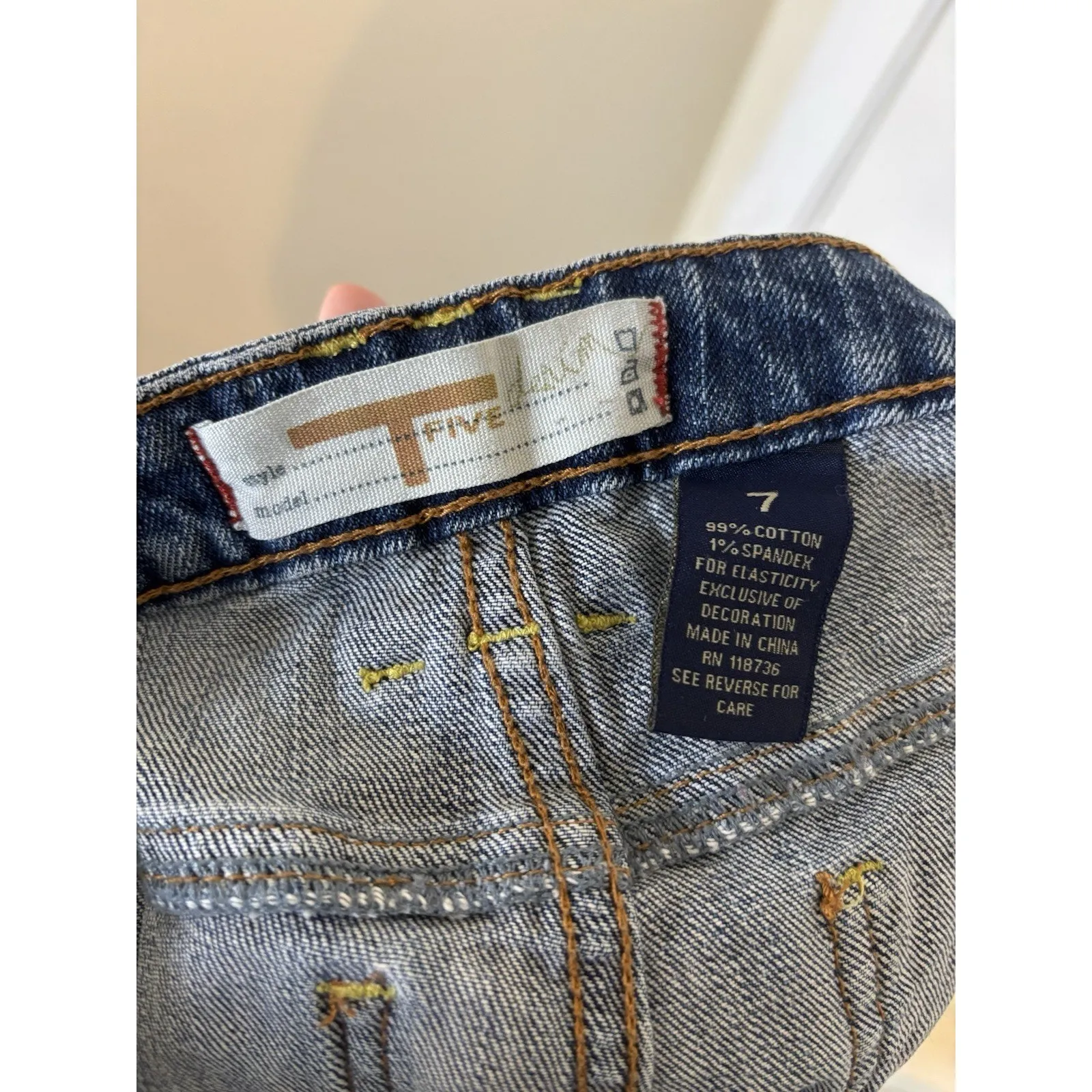 Y2K T Five Denim Shorts Size 7 Low Rise Whiskering Star Cut Outs Festival Blue - Image 7