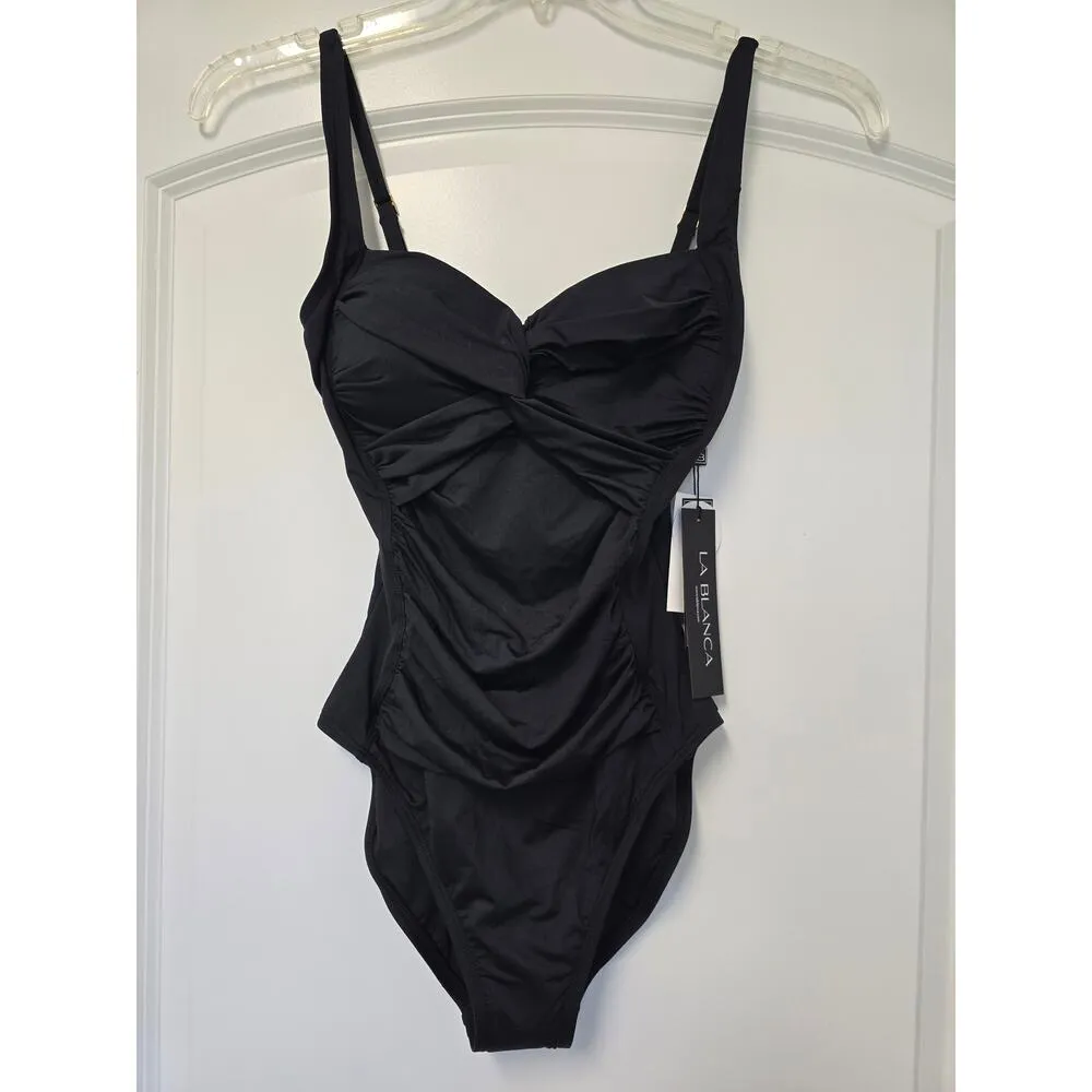 La Blanca Island Goddess Rouched Over The Shoulder Swimsuit Size 6 Black New - Image 3