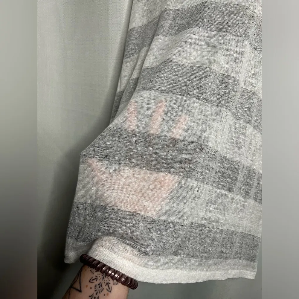 EILEEN FISHER White and Grey Organic Linen Stripe Knit Racerback Long Tank XS - Image 5