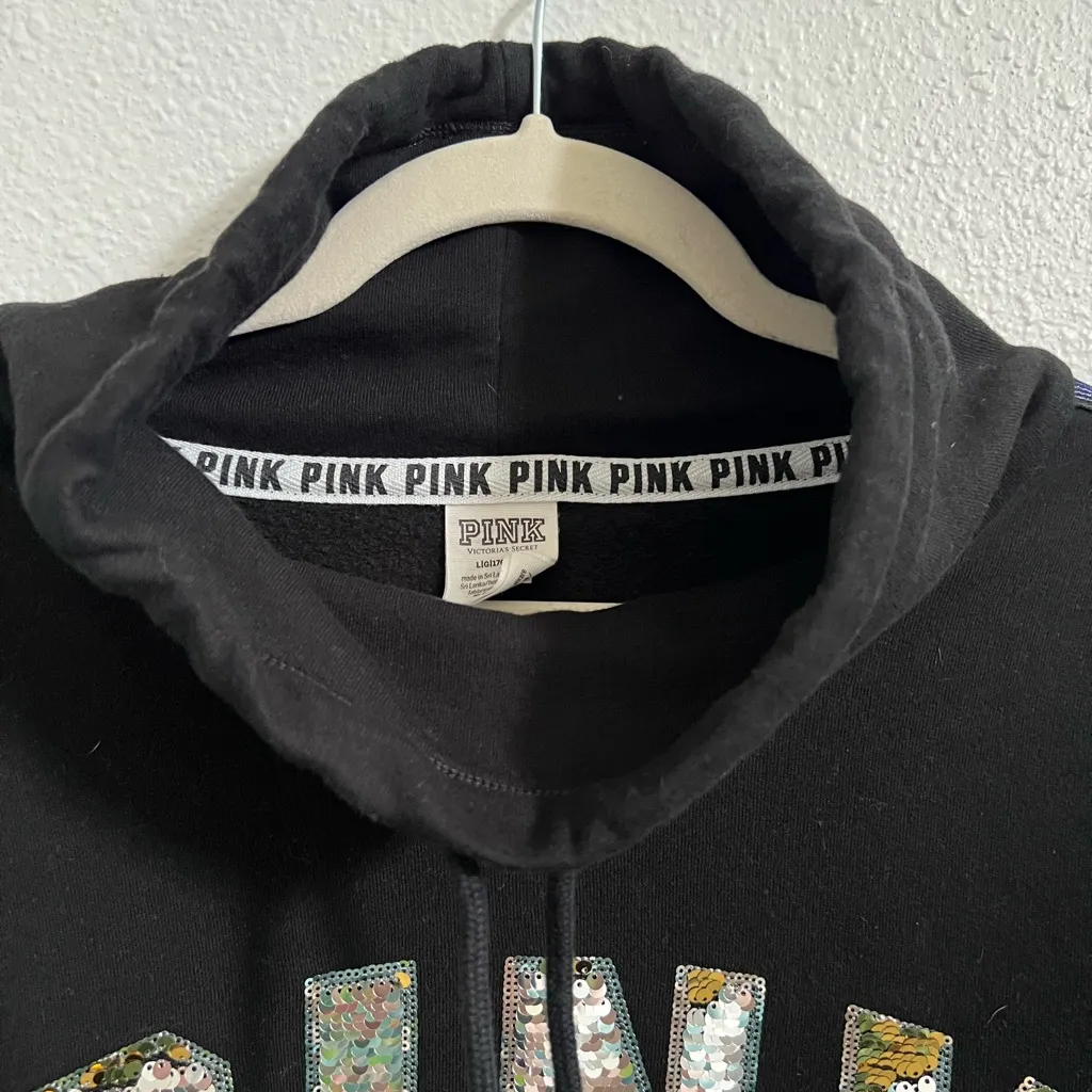 PINK Victoria’s Secret black pullover sweatshirt sequin bling front rainbow arms - Image 5