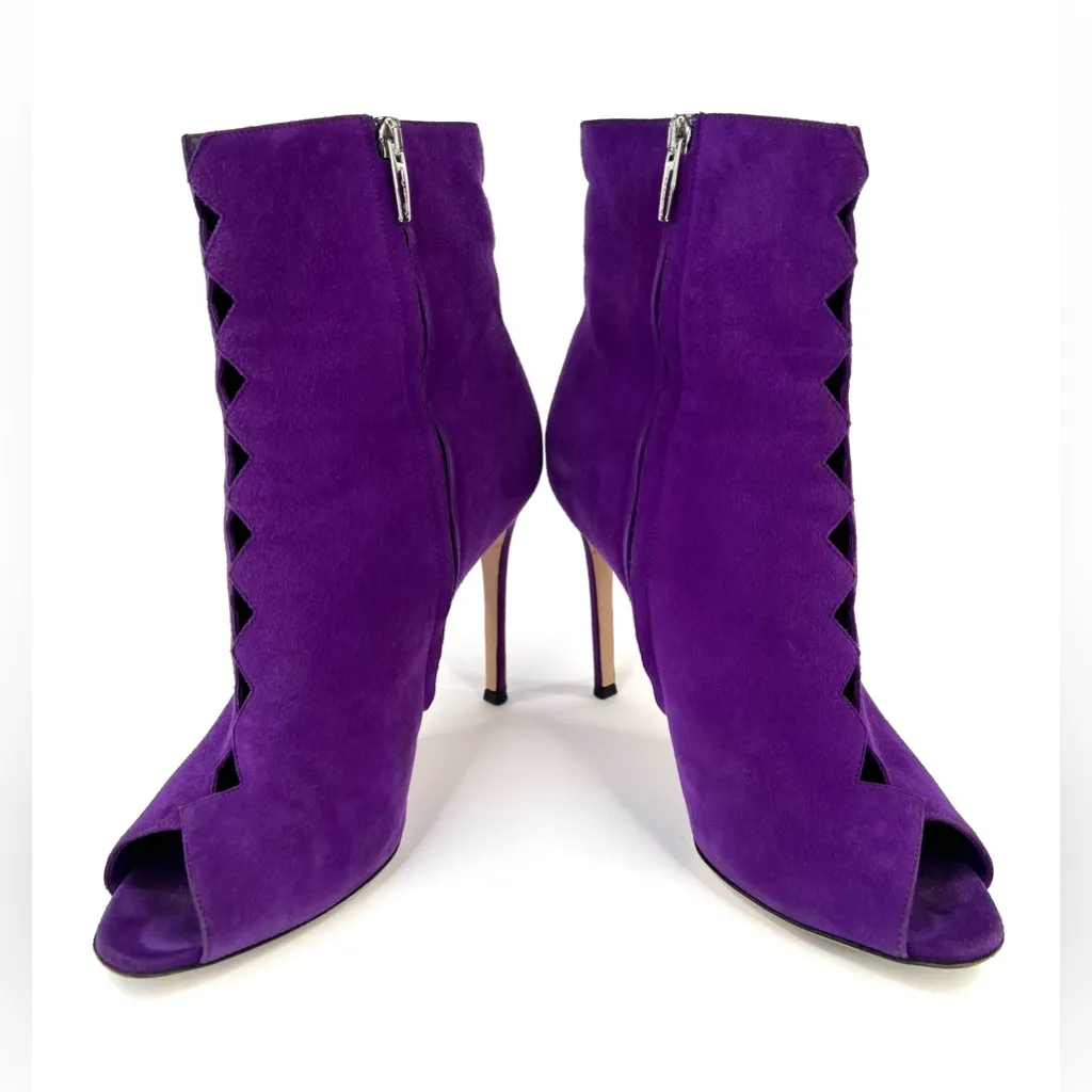 Gianvito Rossi Purple Suede Diamond Cut-Out Peep-Toe Ankle Booties Size 39.5 - Image 8