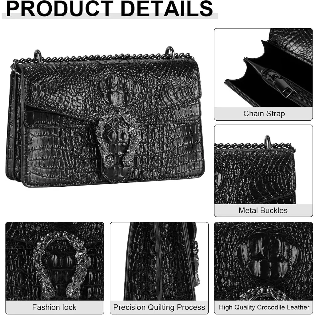 ⚡ Women's Crocodile Black Snake Leather Print Casual Satchel Crossbody Handbag - Image 7