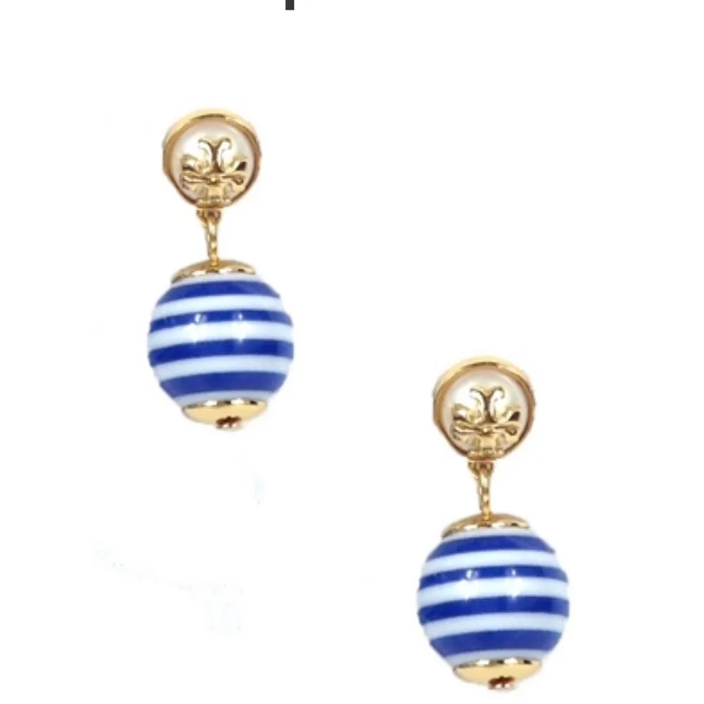 NWOT Tory Burch Saher Logo Drop Earrings, Blue Stripe - Image 6
