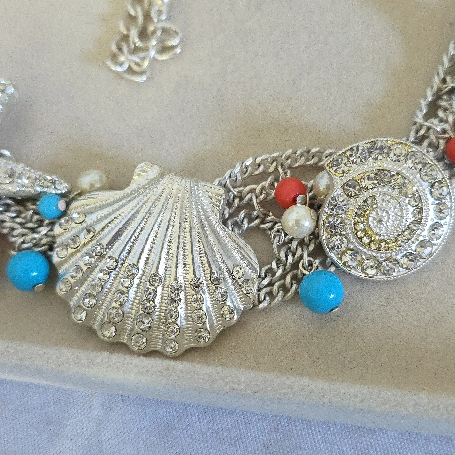 Vintage Silver Chain Choker Necklace Earrings Set Chunky Sea Life Blue - Image 4