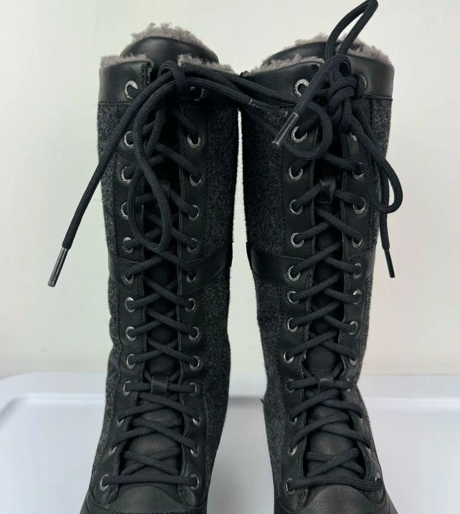 UGG Elvia Black Leather Waterproof Boots Sz 6 Knee High Lace Up Wool Lined - Image 6