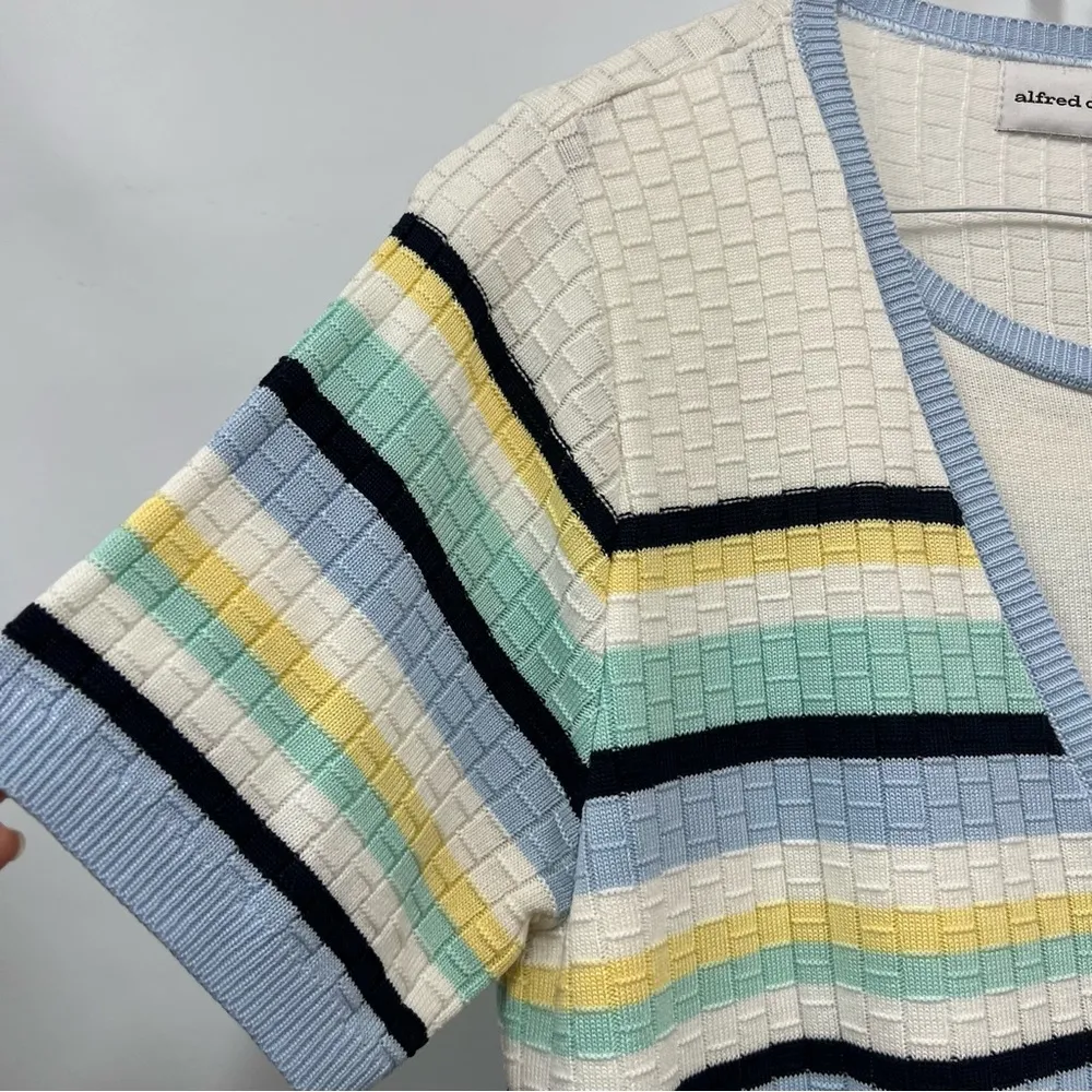 Cherokee Women's m Short Sleeve striped Sweater button down Blue yellow White - Image 9