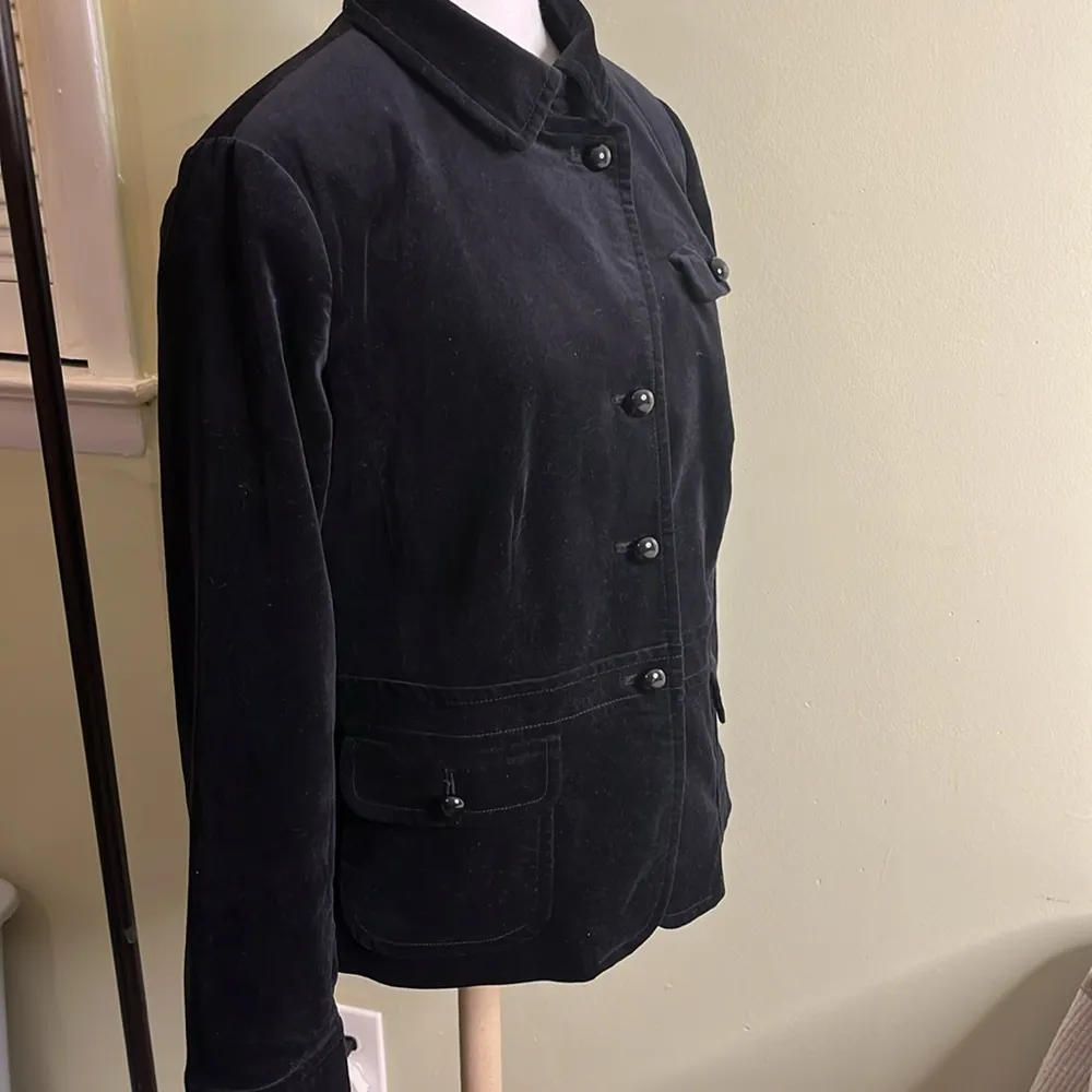 Talbots Velvet Black Ruffle Accent back Long Sleeve bubble buttons Blazer Jacket - Image 2