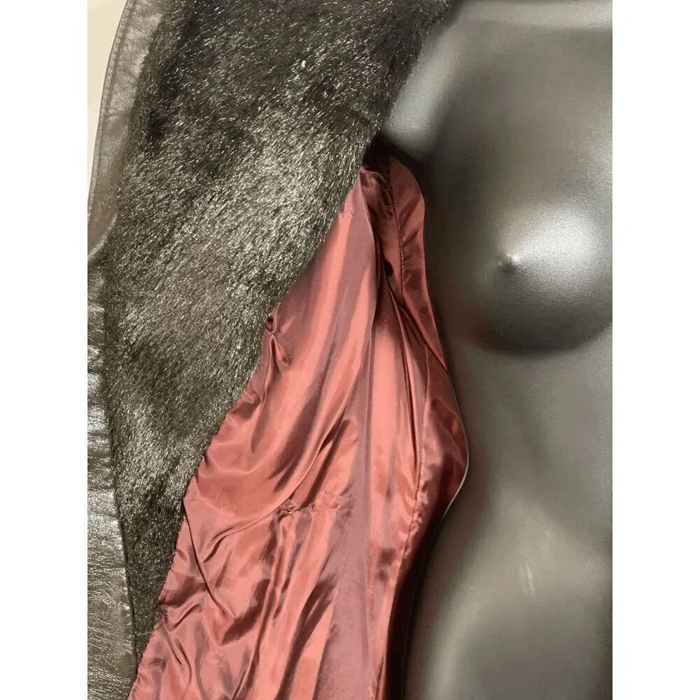 Vintage Women’s Faux Fur Leather Tie Front Shawl Coat Brown Size Medium - Image 10