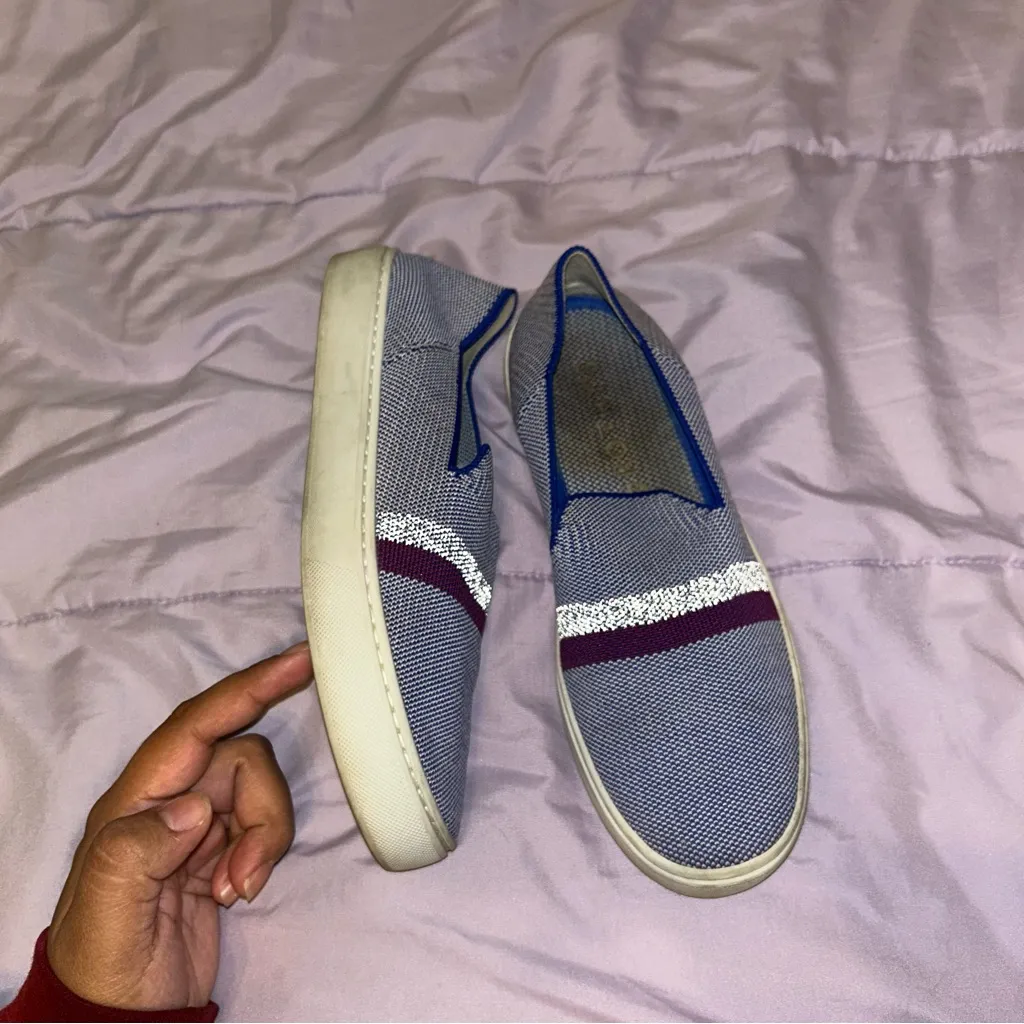 Rothys The Original Slip On Sneakers Knit Shoes Loafer White Blue - Image 2