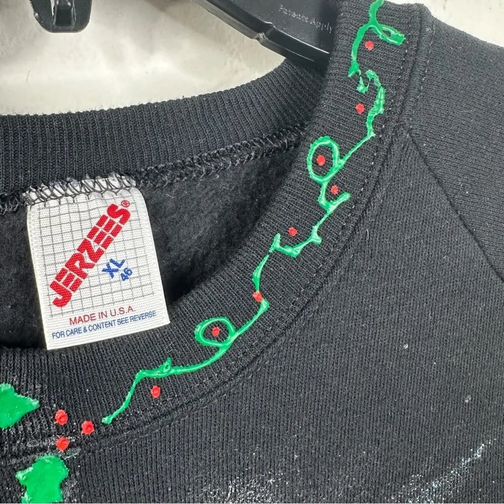 Vintage Jerzees 80's Hand Painted Meow-y Christmas Cat Graphic Sweatshirt XL - Image 8