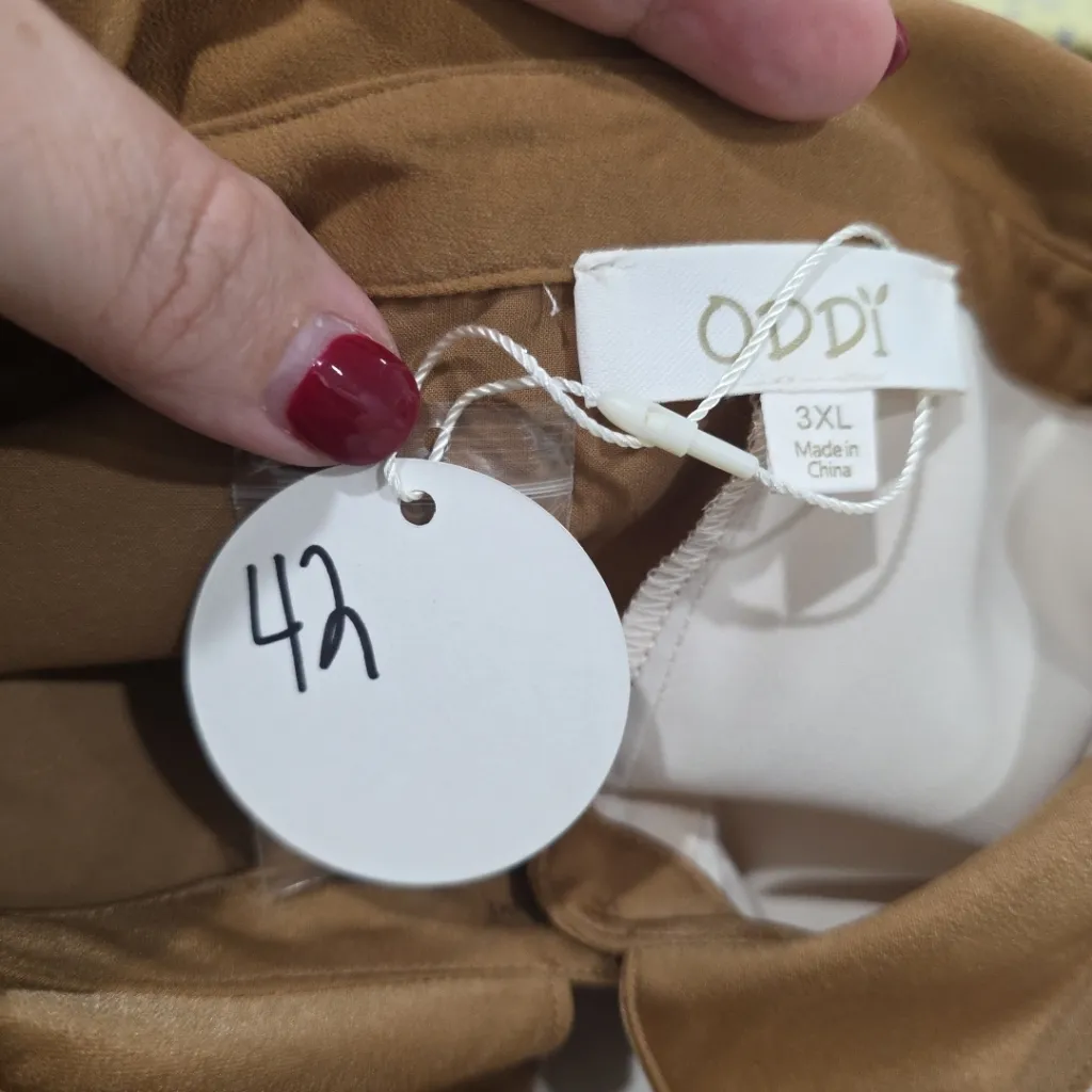 ODDY Plus Silk Blouse Size 3xl Smocked Sleeve Button Up Preppy Cream Feminine Brown - Image 6