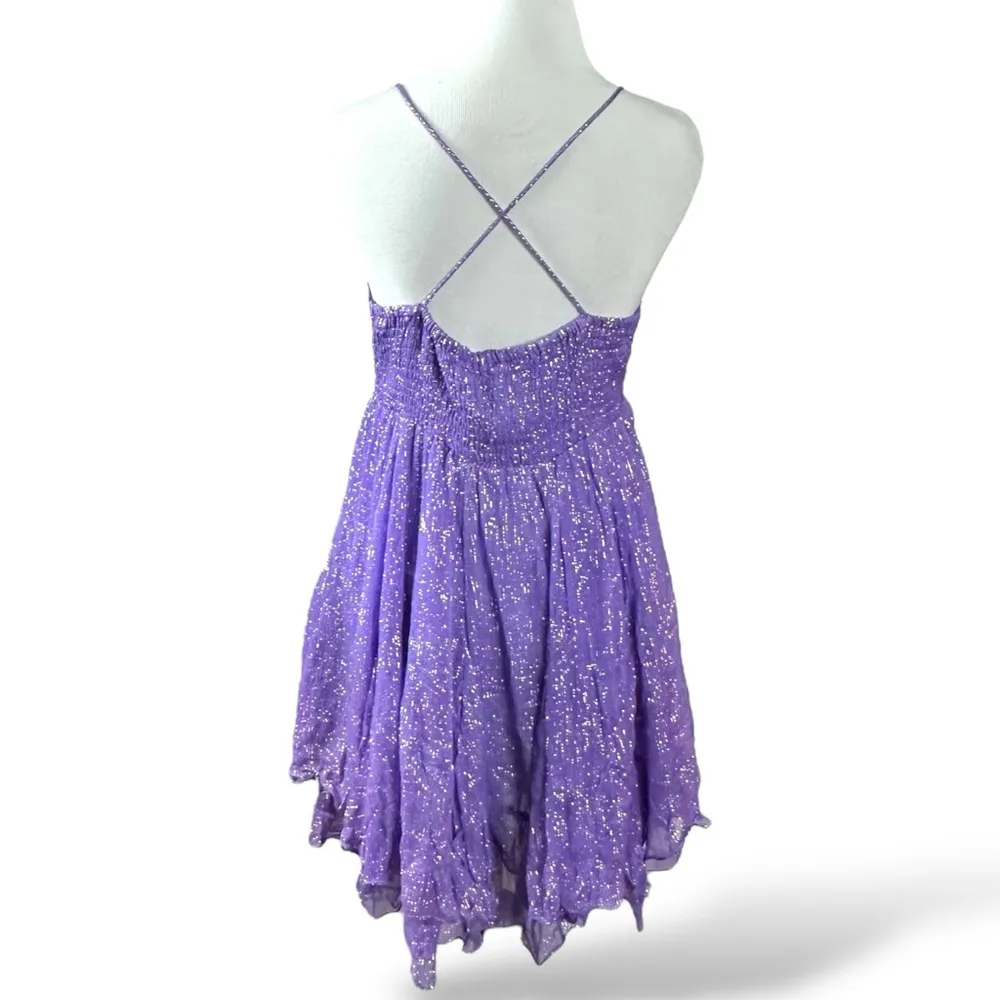 Raga Fairy Layered Ruffle Shimmer Mini Dress Lavender Metallic Silver XS Small - Image 3