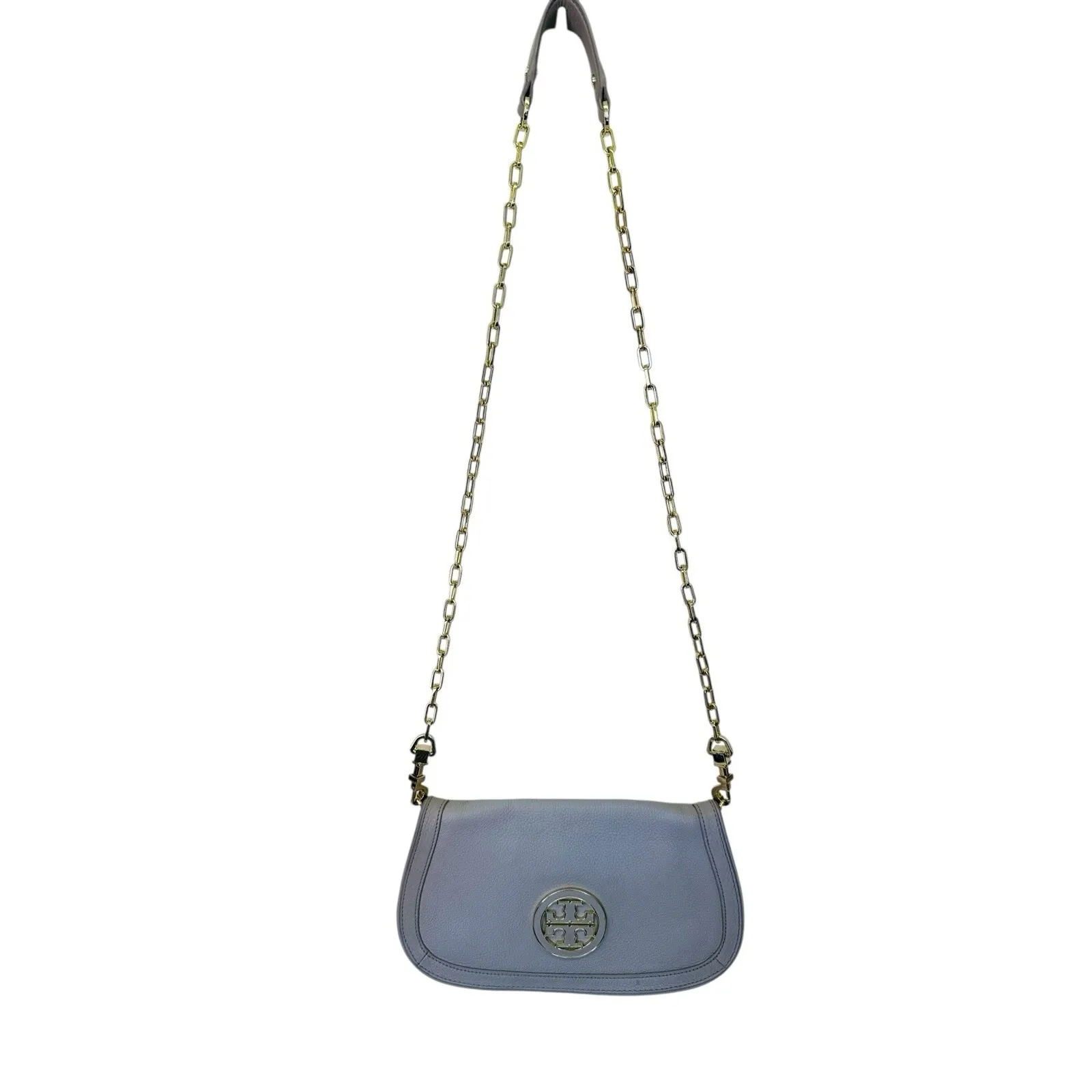 Tory Burch Amanda Logo Gray Crossbody Clutch Gold Chain Flap Magnetic‎ Closure - Image 3