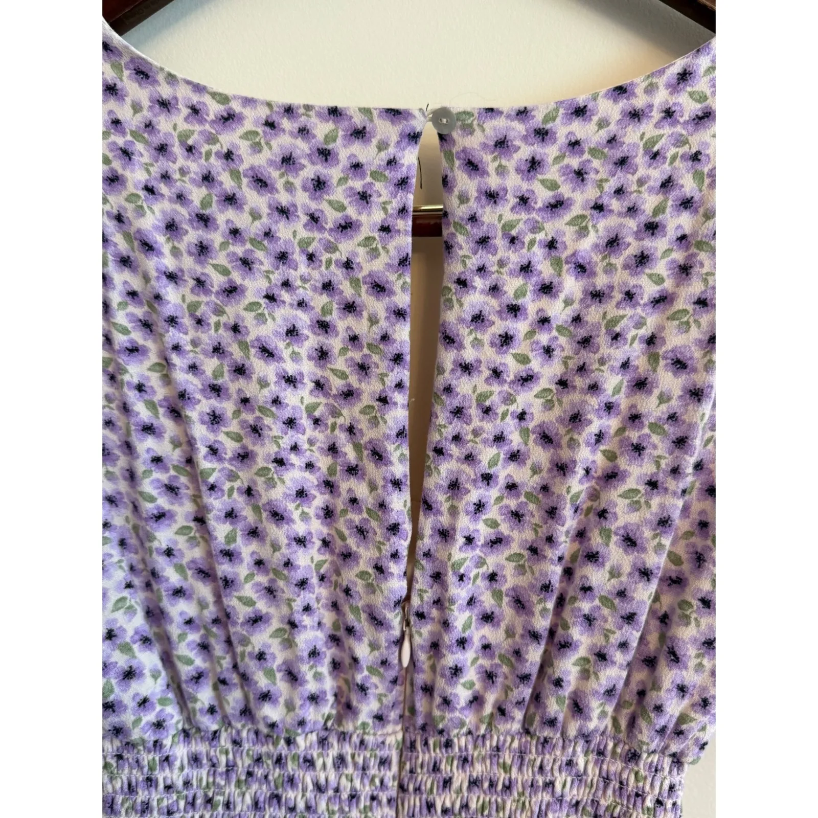 Forever 21 Floral Mini Dress Purple Puff Sleeve Smocked Waist Square Neck Size S - Image 8