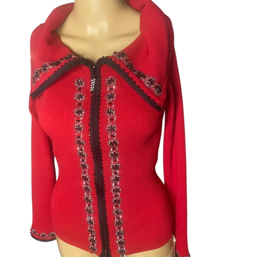 Camille La Vie Red Ribbed Knit Beaded Zip-Up Cardigan Sweater, Size M - Image 2