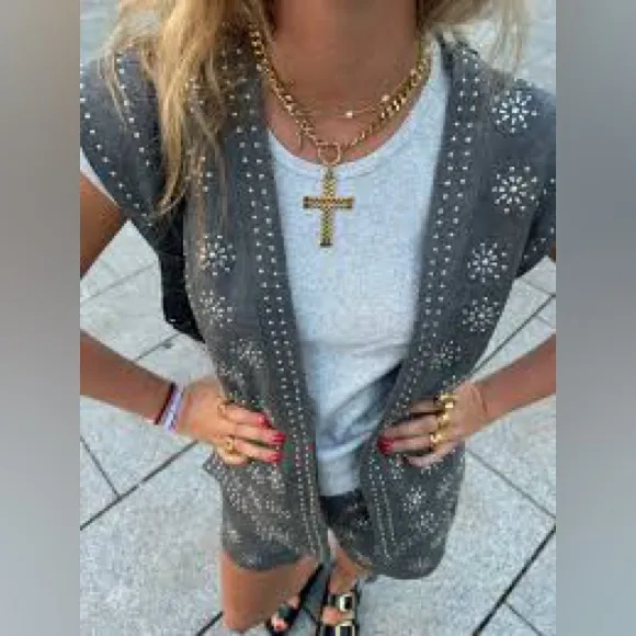 NWT Sold Out Zara embellished linen gray metallic stuffed vest large - Image 7