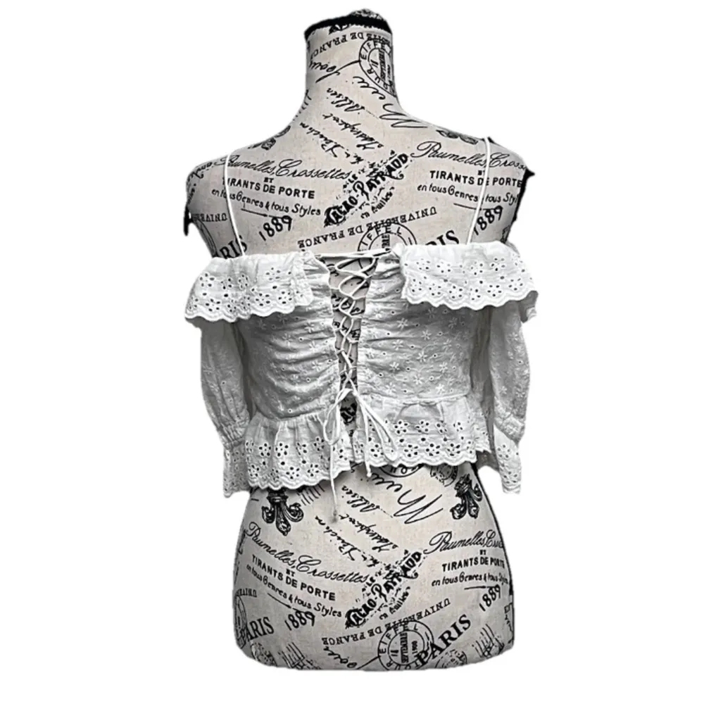 Zara Eyelet Sheer Ivory Crop Top Blouse Boho Peasent Hippie Coastal Cowgirl S - Image 5