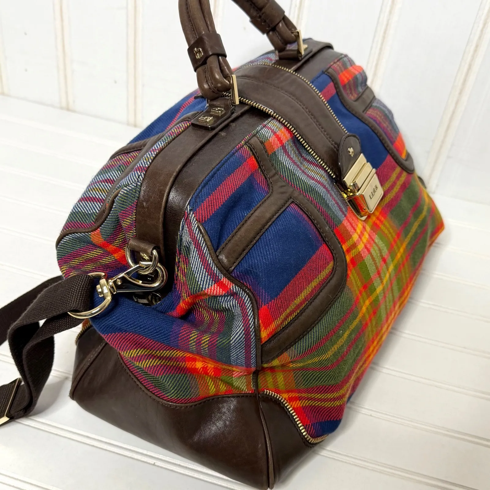 L.A.M.B. Plaid Satchel Doctor Bag Leather Trim Crossbody Strap Gold - Image 8