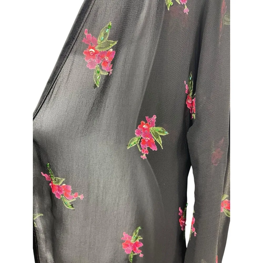 VTG Dressbarn Black Sheer Red Floral Open Tie Front L Top 90s Y2K Size L - Image 5