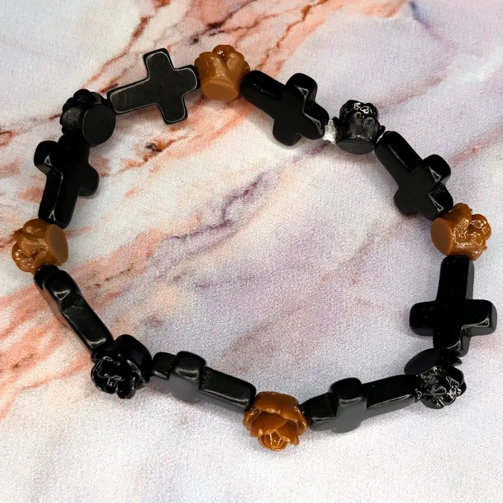 Rose & Cross Handmade Bracelet Black & Brown - Image 2