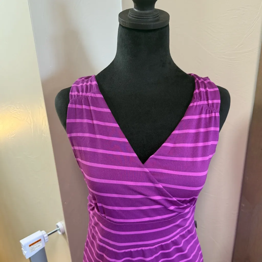 Eddie Bauer V-Neck Stretch Fit and Flare Purple Stripe Dress Travex Athleisure S - Image 2