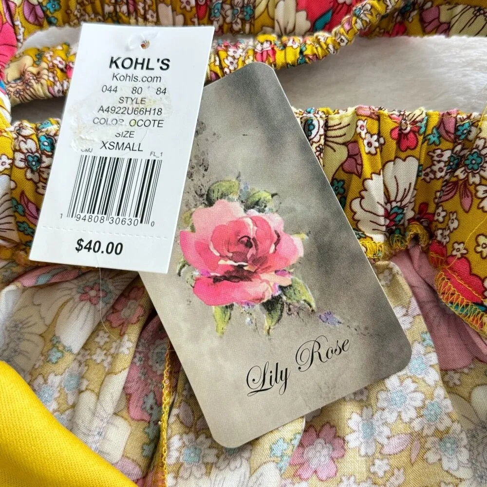Lily Rose Romper Womens XS Yellow Floral Short Sleeve Cross Back Pockets Cottage - Image 6