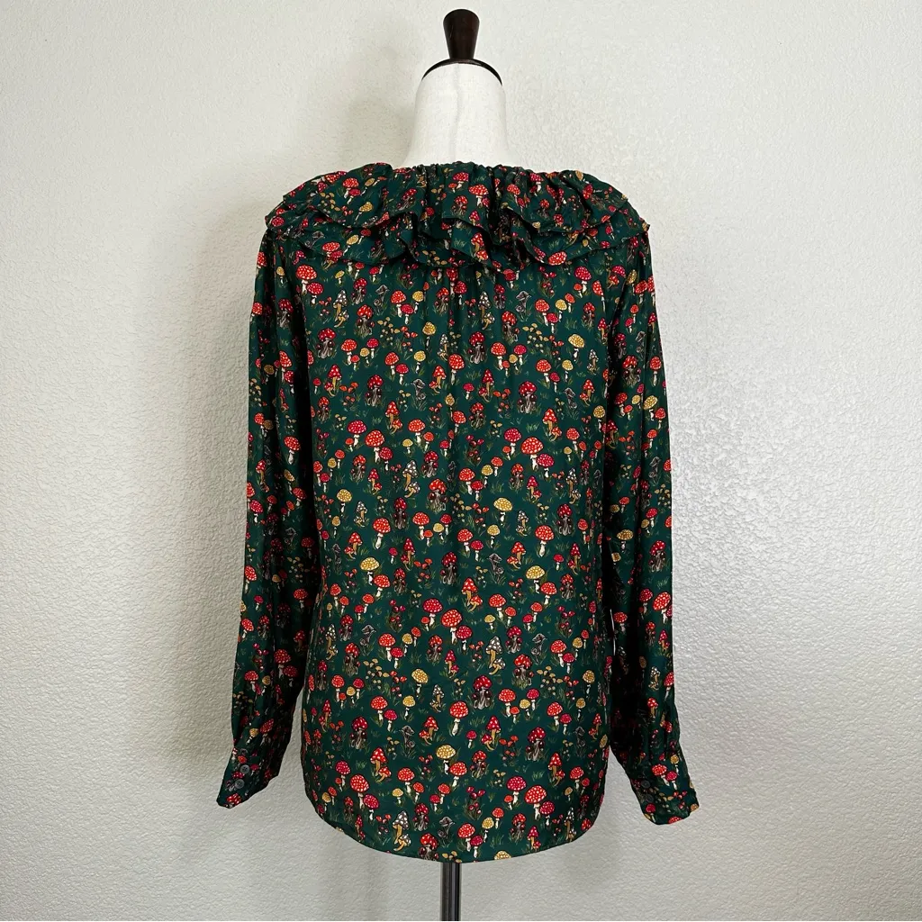 J. Crew Collection 100% Silk-Twill Ruffle Collar Mushroom Floral Top, Sz Medium - Image 7