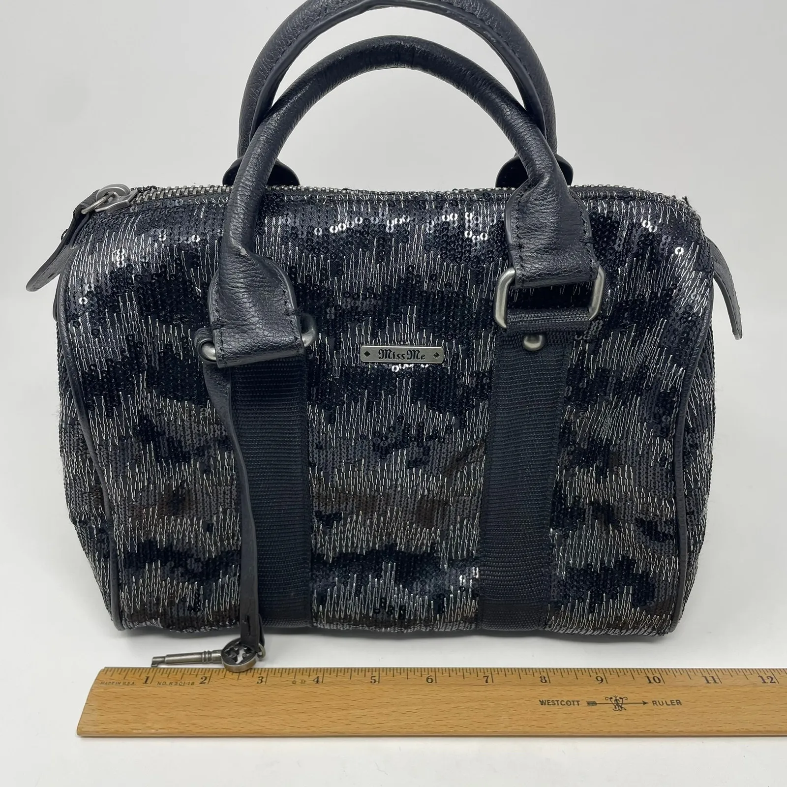 Miss Me Y2K Black Silver Handbag Shiny Bowler Saddle Lock Key Charms GUC 2000s - Image 8