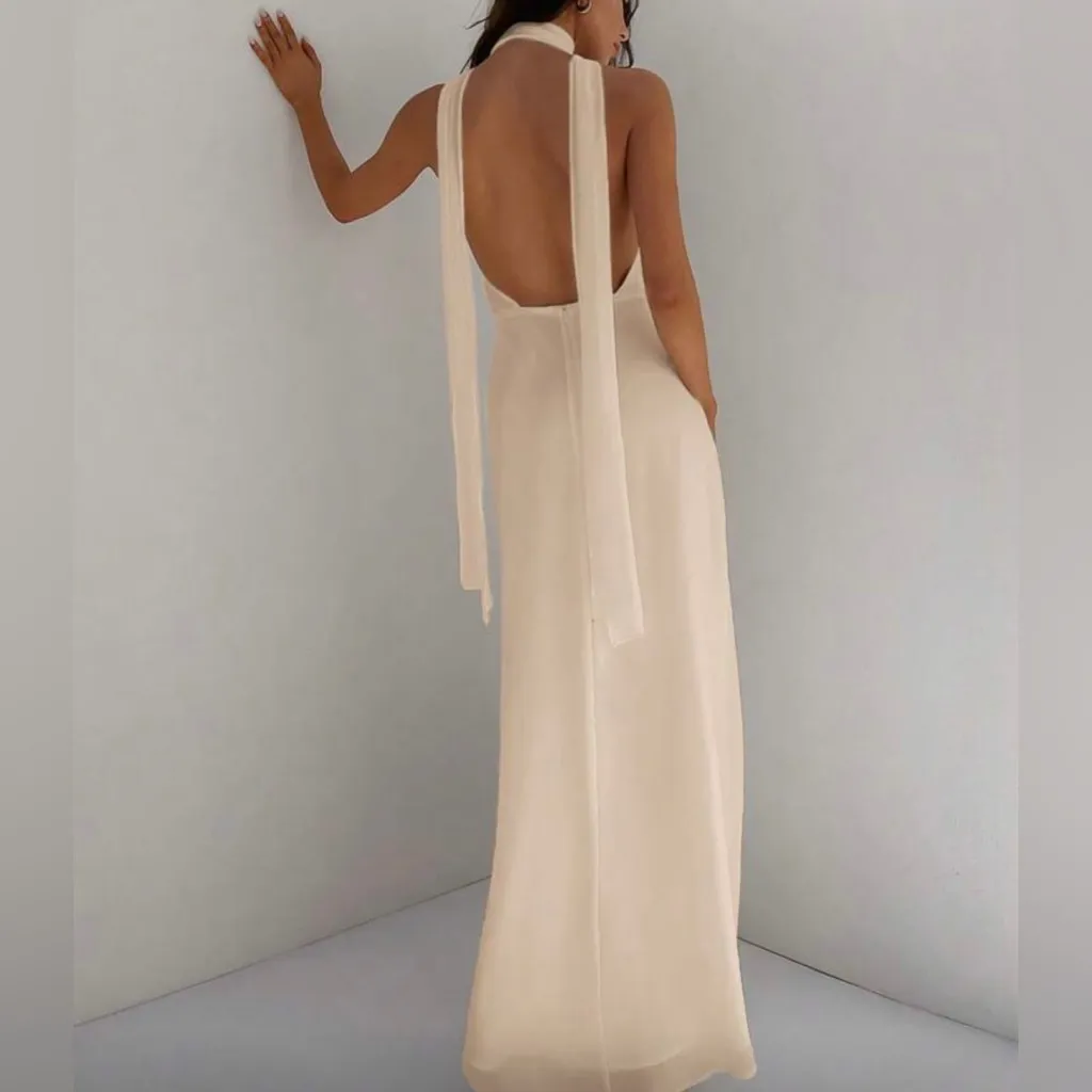 Elegant Cream Halter Maxi Dress Tan Size 0 - Image 3