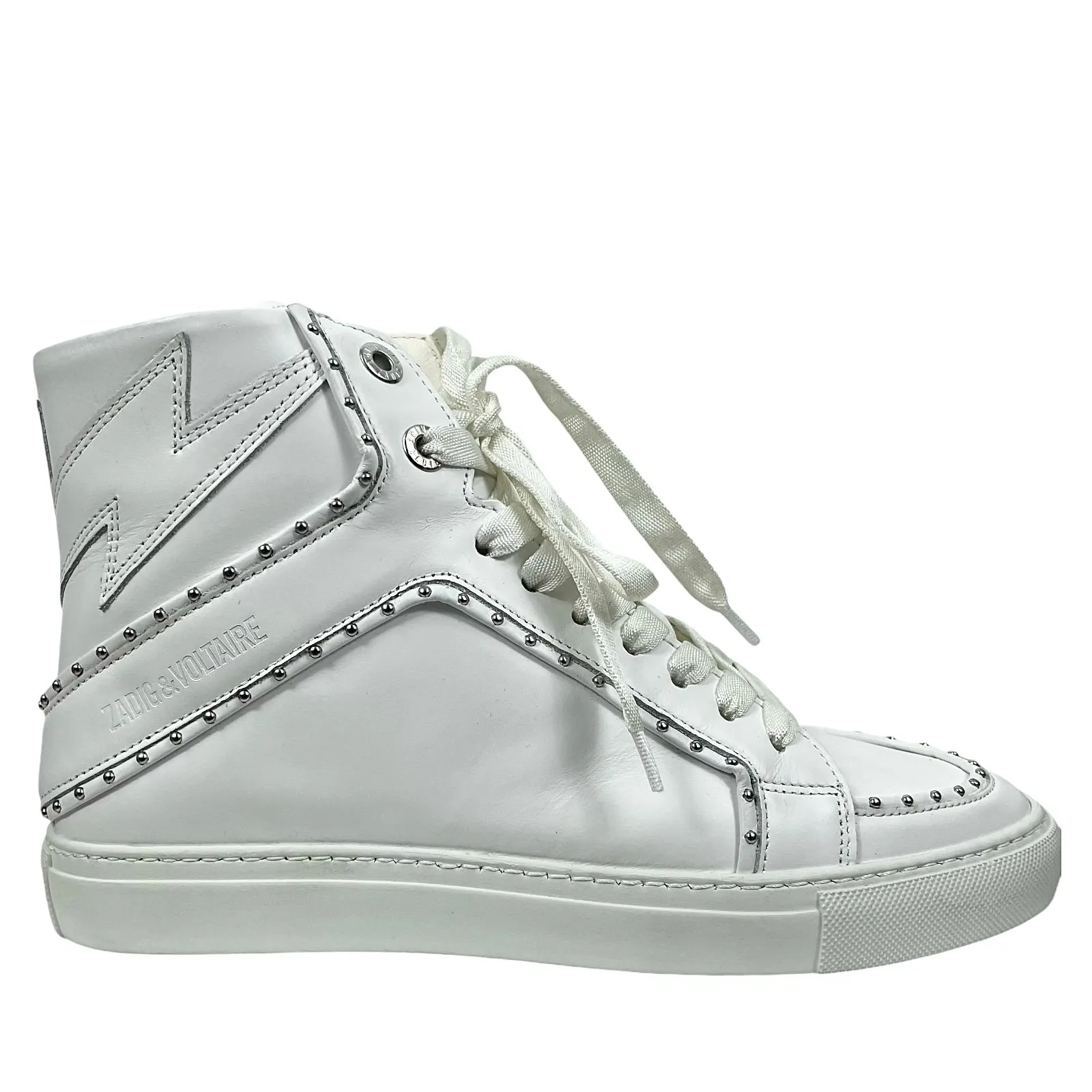 Zadig & Voltaire High Flash Studded Leather High Top Sneaker White Size 40 - Image 3