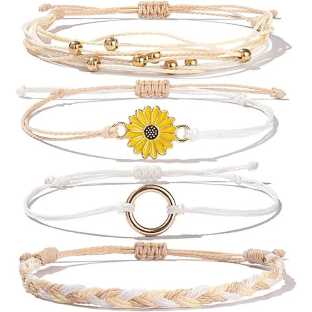 Sunflower String Bracelet Handmade Braided Rope Charms Boho Surfer Bracelet 4Pc - Image 7