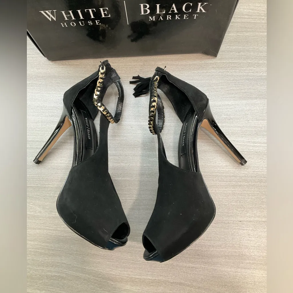 WHITE HOUSE BLACK MARKET ADONIA BLACK CHAIN SHORT PEEP TOE STILETTO HEEL - Image 8