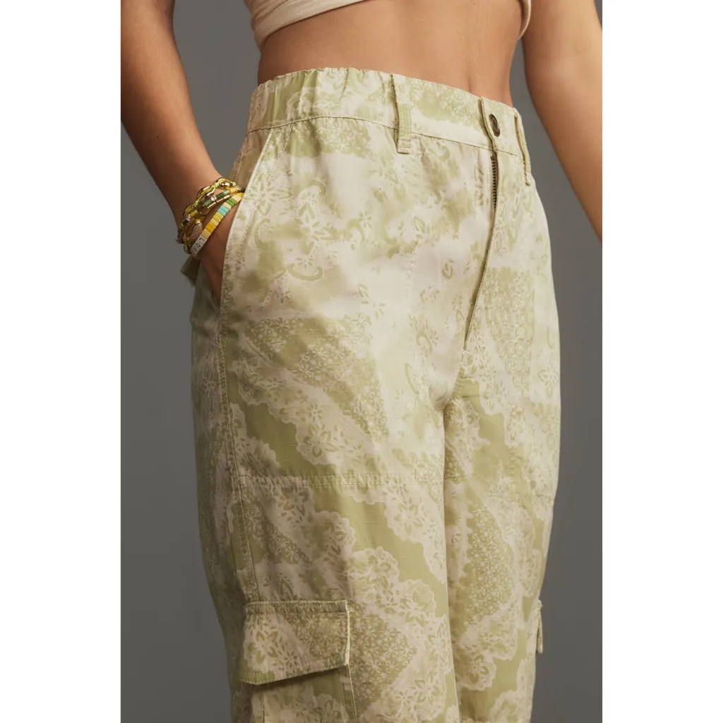 NWT Anthropologie Pilcro Green Motif Print Slim Beach Cargo Pants Linen Blend - Image 3