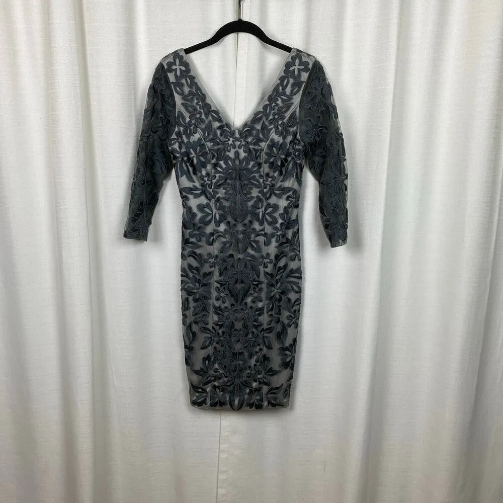 Sue Wong Nocturne Grey Ribbon Embroidered Sheath Cocktail Dress Sz.2 - Image 2