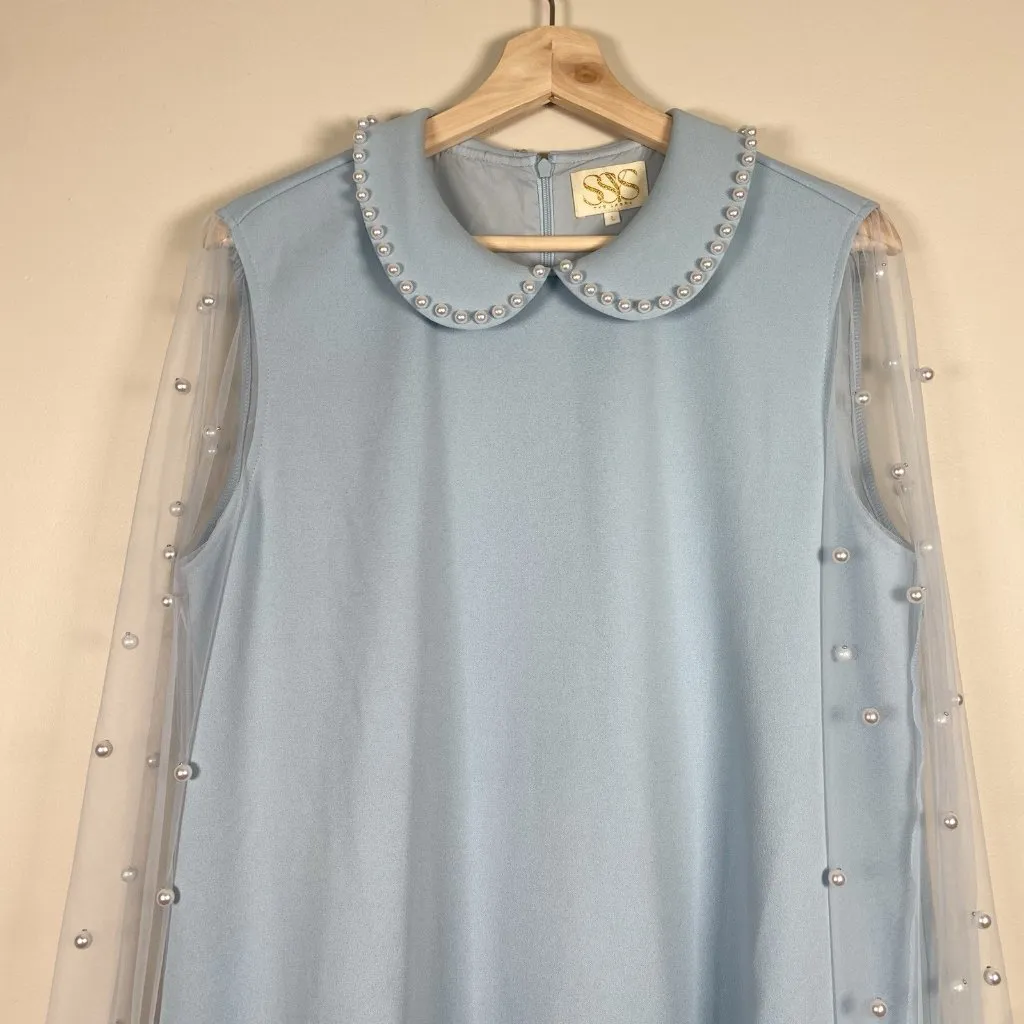 SSYS The Label The Stella Pearl Sleeve Dress In Pastel Blue Size L Party Holiday Size L - Image 3