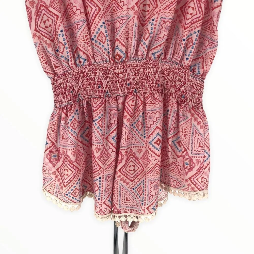 Paloma Blue Silk Pink Geometric Print Crochet Trim Romper Playsuit size Large - Image 7