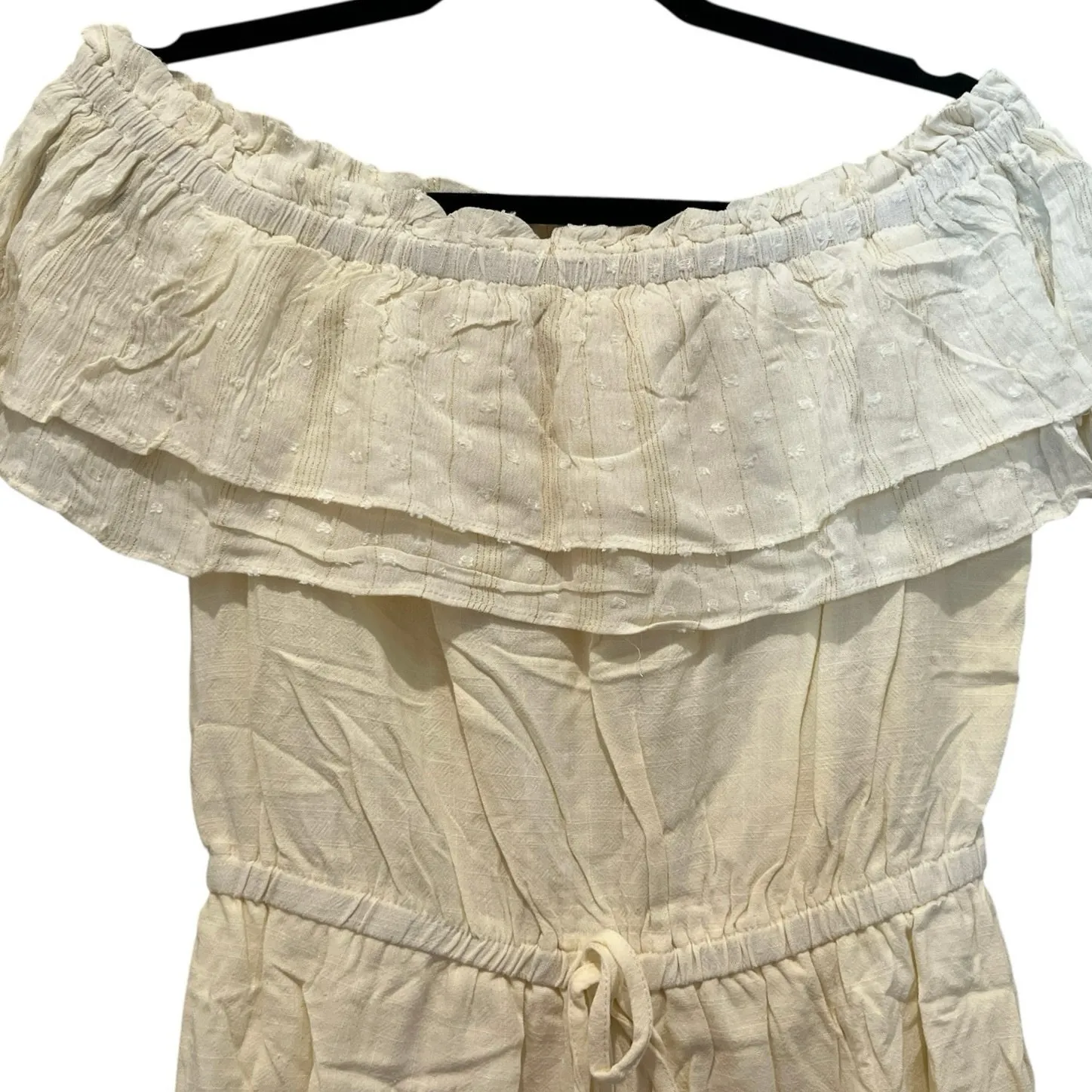 UMGEE Off the Shoulder Romper Cream Metallic Sz S Ruffle Top Stretch Waist NEW - Image 2