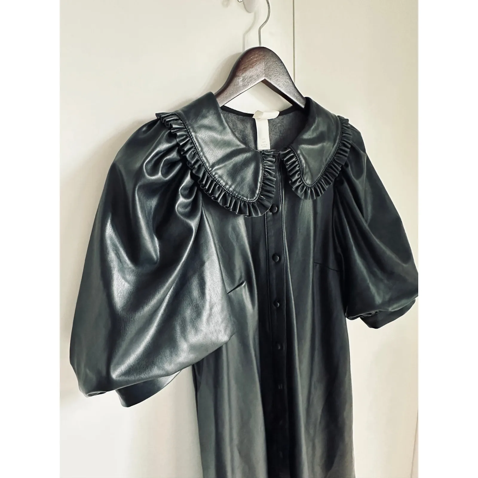 Y2K Pleather Gothic black Dress Size Small Collar Puff  sleeves Babydoll Vegan - Image 10