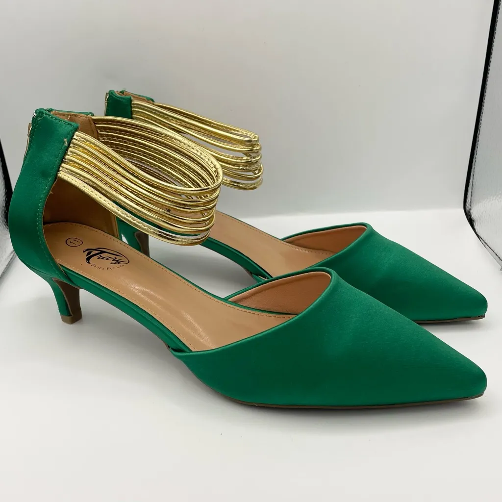 Trary satin green pointed toe pumps kitten heel ankle gold straps women Size 11 - Image 5