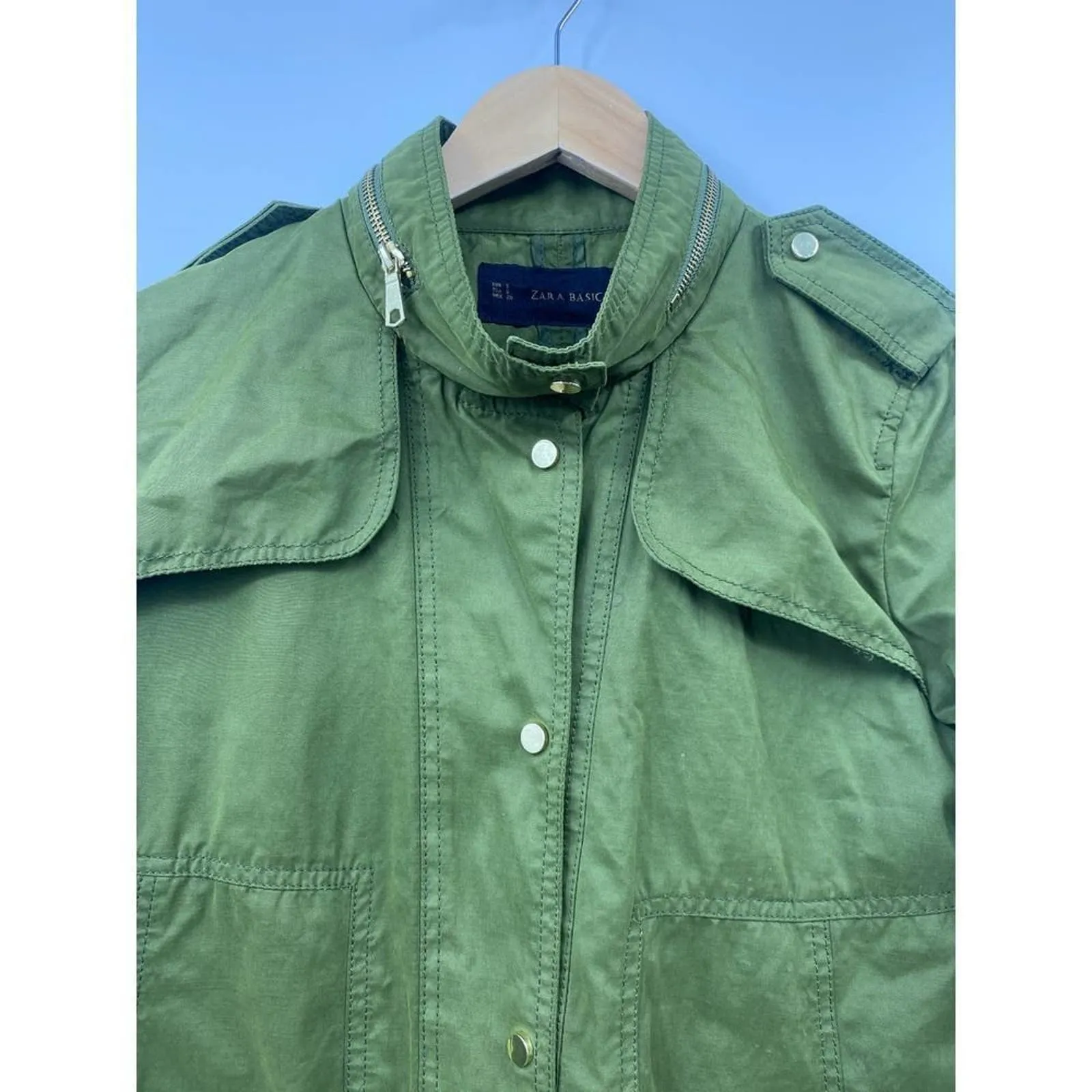 Zara Basic Army Military‎ Style Utility Jacket Full Zip Green Size Small - Image 7